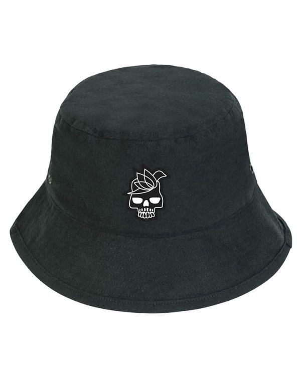 Black canvas bucket hat with woven Belief patch on front. Lightweight, durable, and eco-conscious.