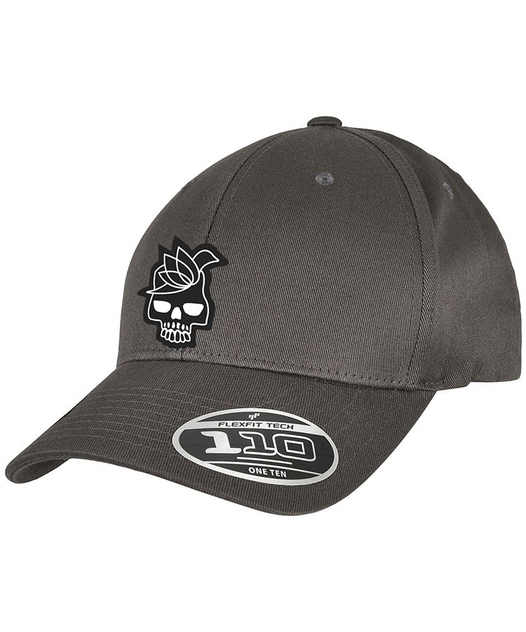 Organic cotton cap with adjustable Flexfit buckle and curved visor.