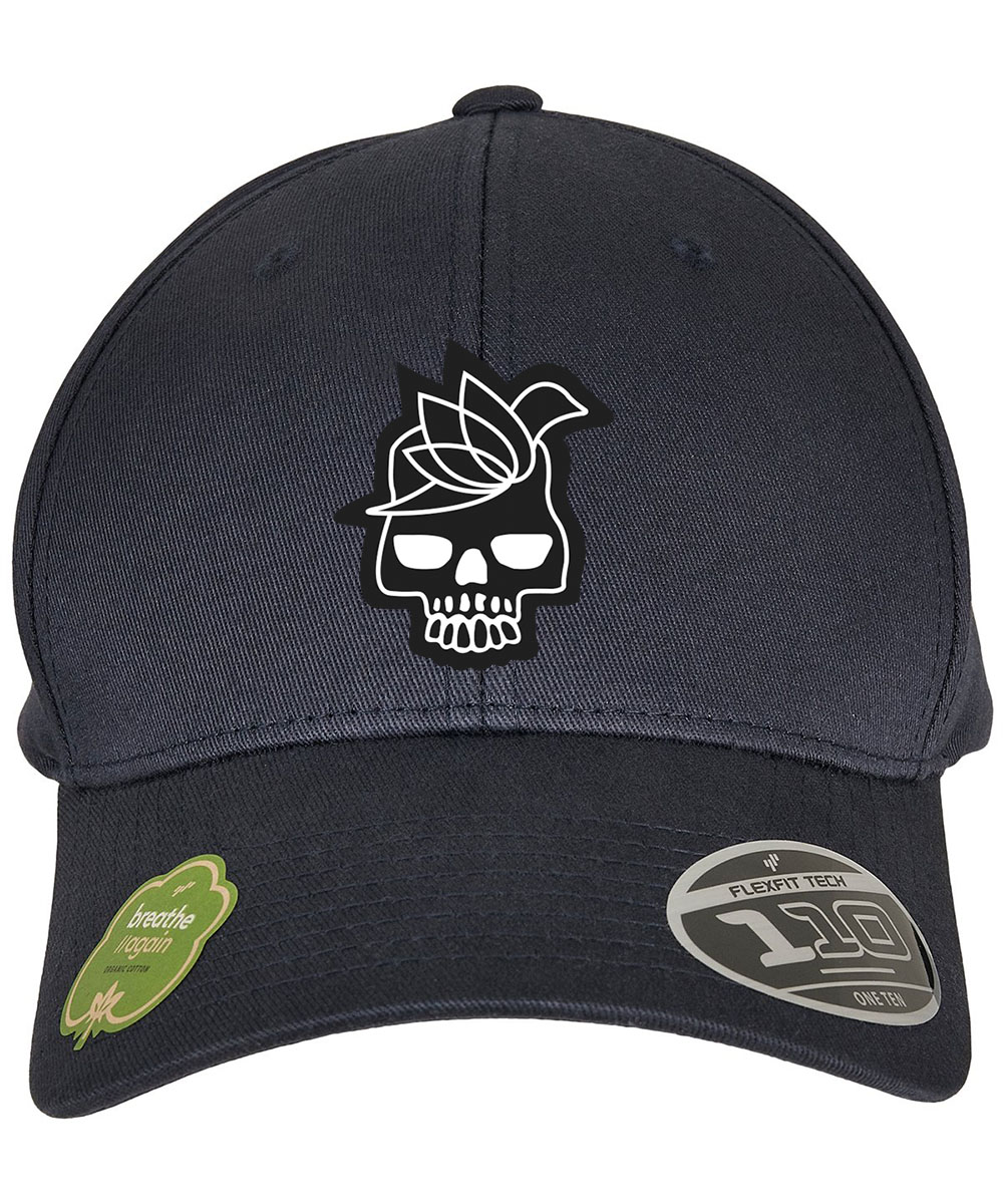 Black organic cotton cap with adjustable Flexfit buckle and curved visor