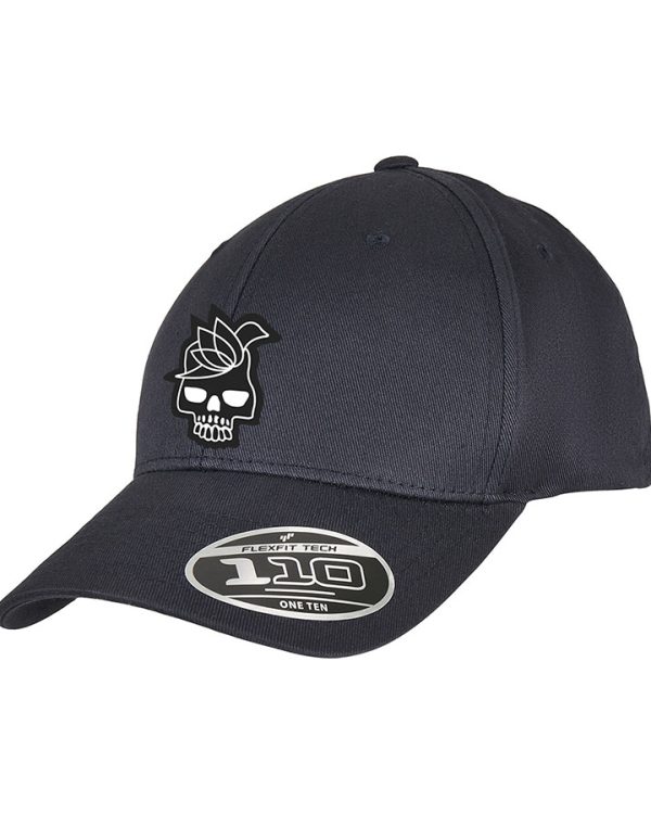 Organic cotton cap with adjustable Flexfit buckle and curved visor.